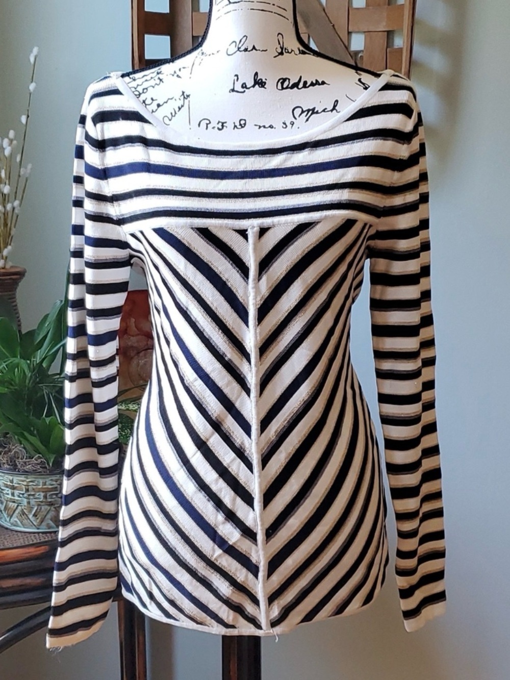 White House Black Market Black and White Striped Long-Sleeve Boatneck Top